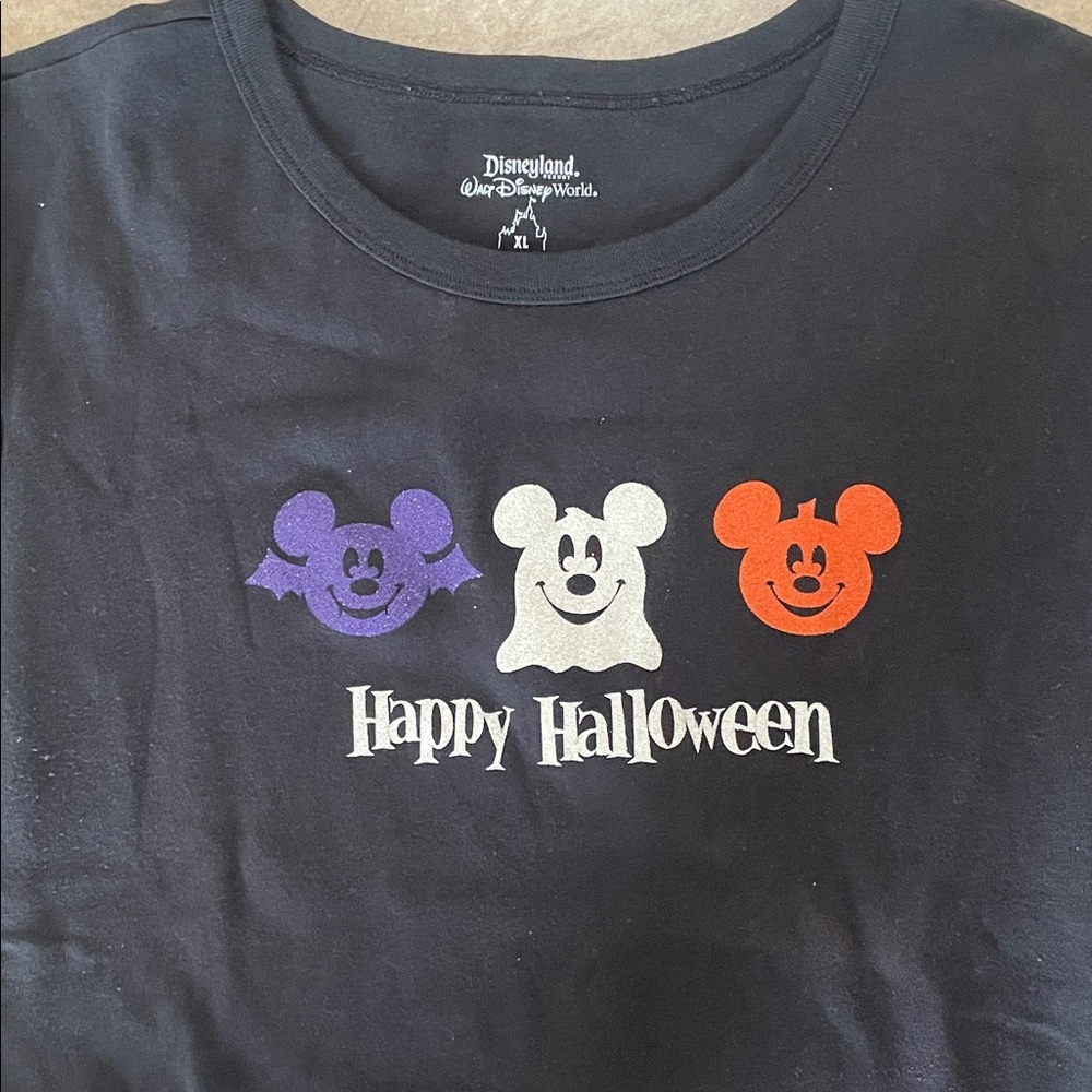 Disney Black Halloween Top with Purple, White, and Orange Mickeys